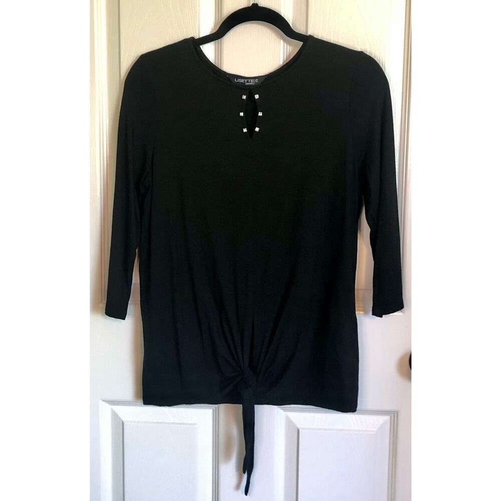Lisette L Black Knit 3/4 Sleeve Shirt with Rhinestone Detail & Tie Front - Small